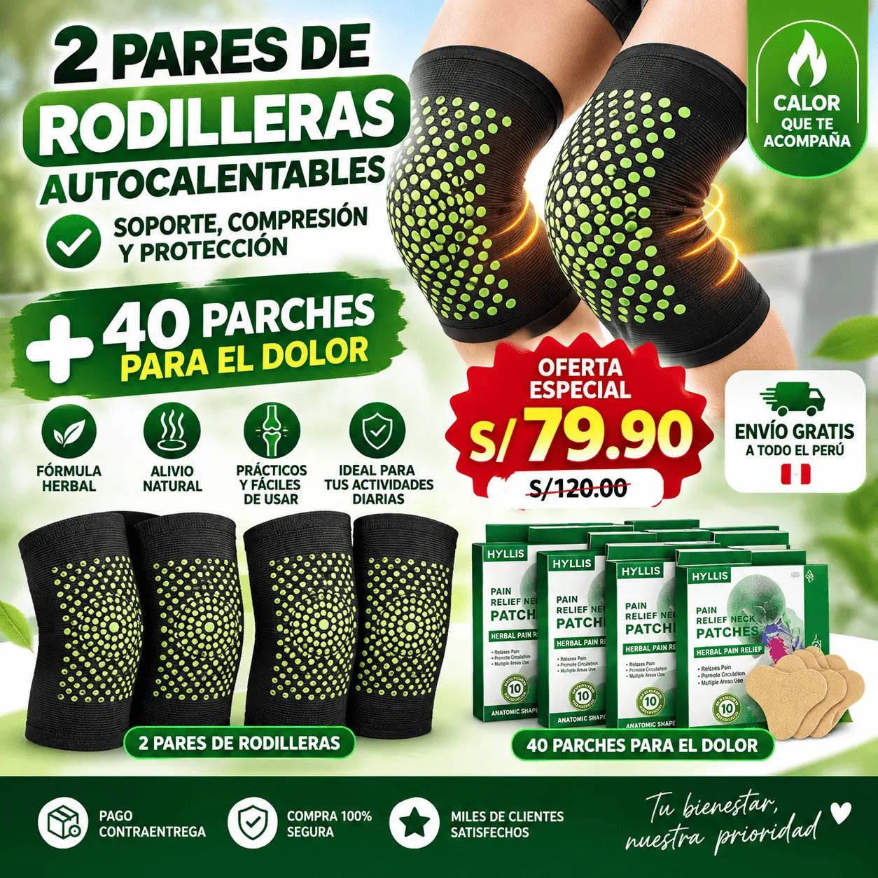 "2 PARES DE RODILLERAS TÉRMICAS + 40 PARCHES PARA EL DOLOR - ALIVIO NATURAL"