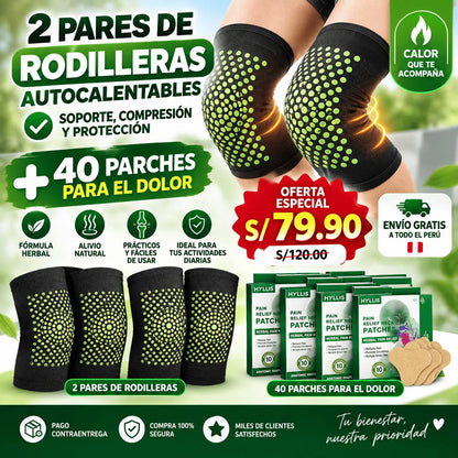 "2 PARES DE RODILLERAS TÉRMICAS + 40 PARCHES PARA EL DOLOR - ALIVIO NATURAL"